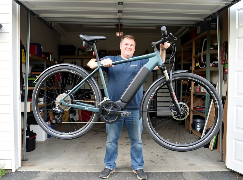 A person lifting an electric bike showing its weight balance in a garage doorway