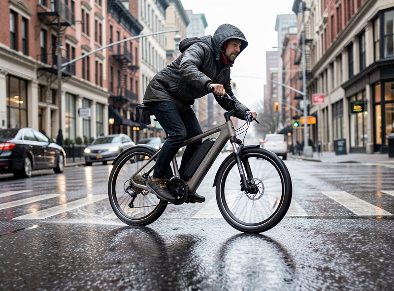 Electric bike cornering on a wet city street showing low center of gravity feel