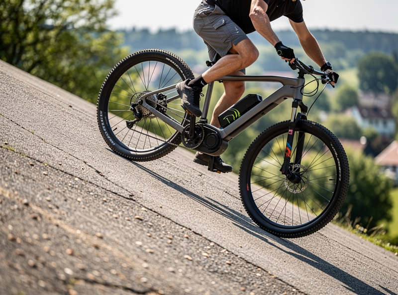 E-bike climbing a steep hill on a country road, mid-drive motor working under load