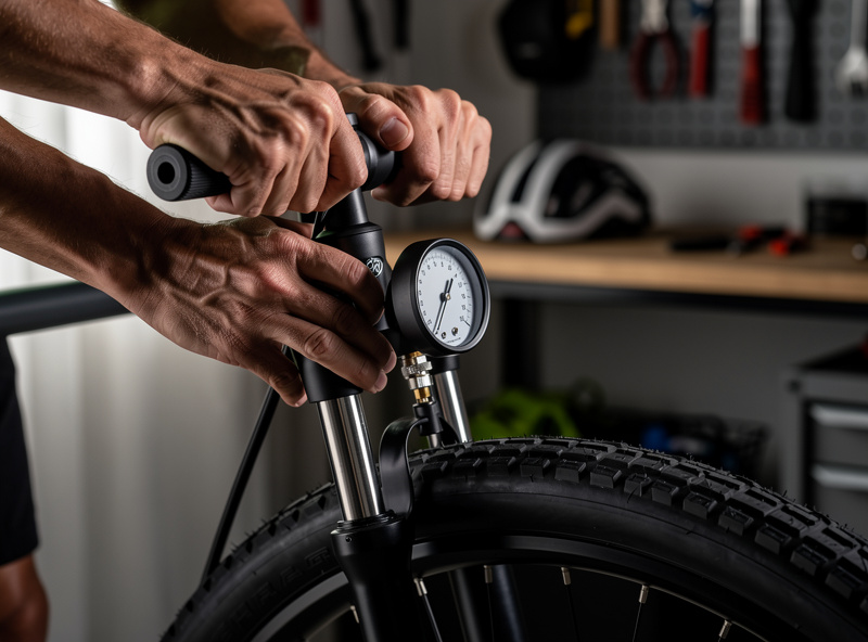Checking e-bike tyre pressure with a floor pump gauge before a ride