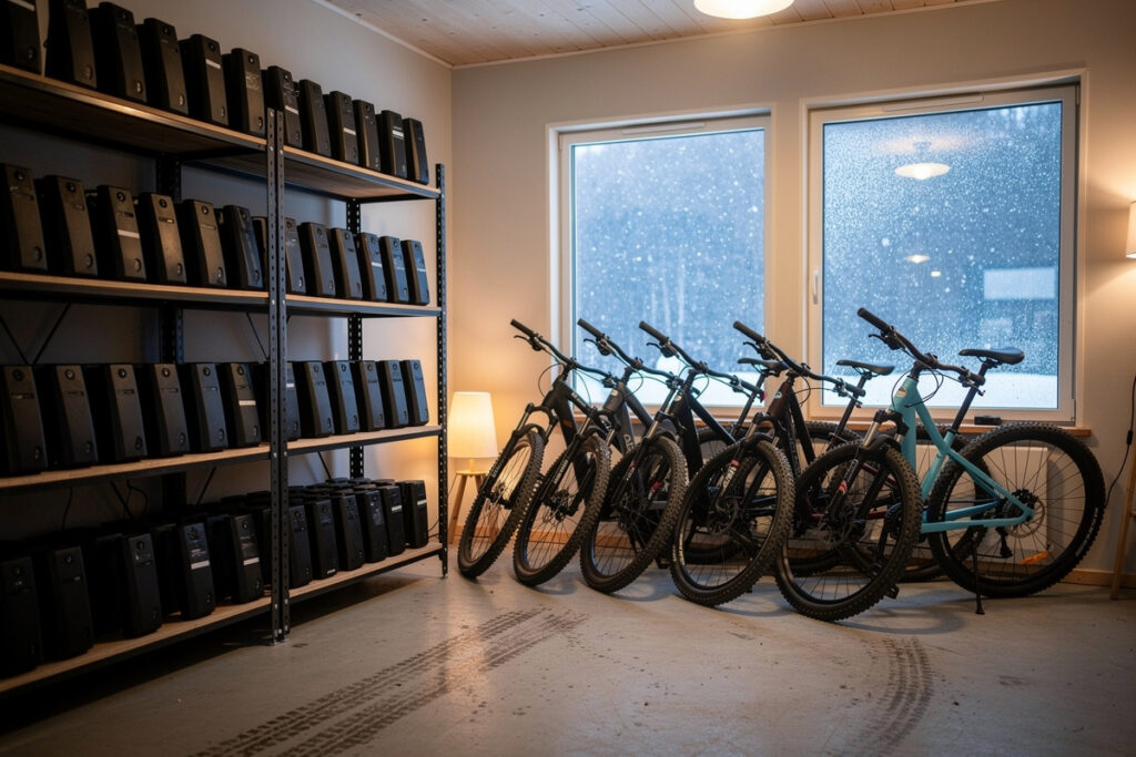 E-bike batteries stored indoors for winter with snow outside the window
