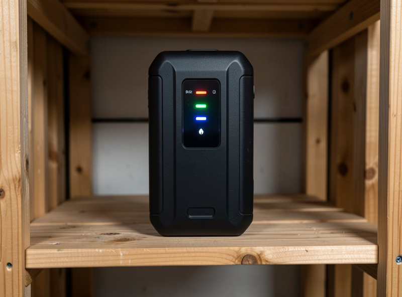 E-bike battery pack on a shelf in a heated garage with the charge indicator showing about half