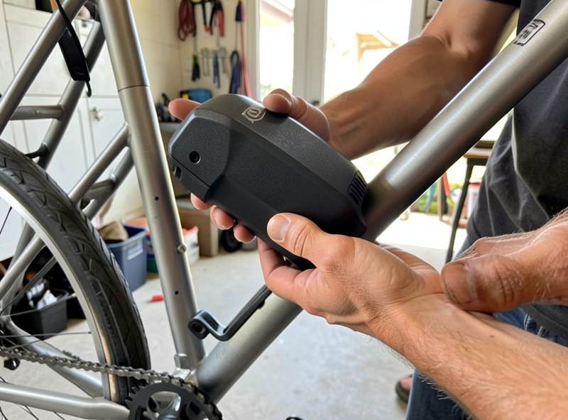 Hands lifting a removable e-bike battery off the down tube of a bike in a garage