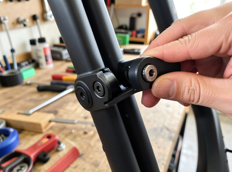 Hands latching the hinge clamp on a folding e-bike frame mid-fold