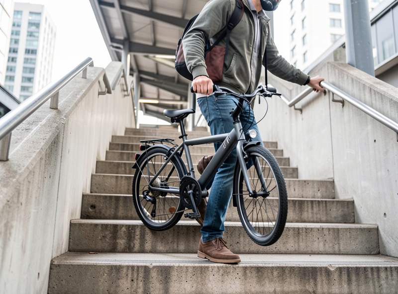 Commuter carrying a folded electric bike up concrete station stairs