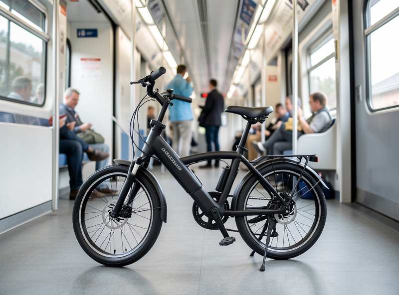 Folded compact electric bike standing in a commuter train vestibule