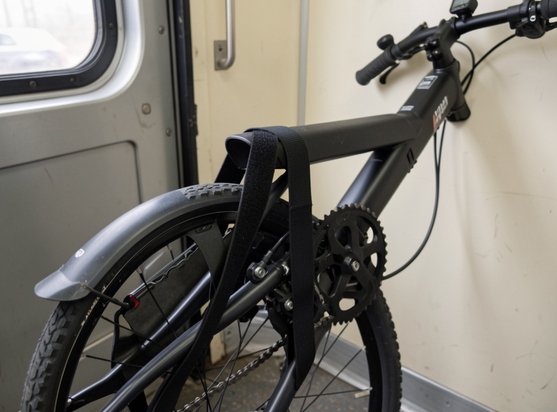 Folded electric bike secured with a velcro strap in a train door vestibule