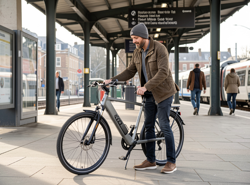 Rider unfolding a compact electric bike outside a city train station for the last mile