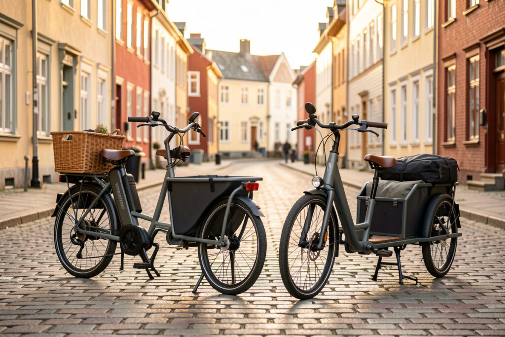A front-loader bakfiets beside a longtail cargo e-bike