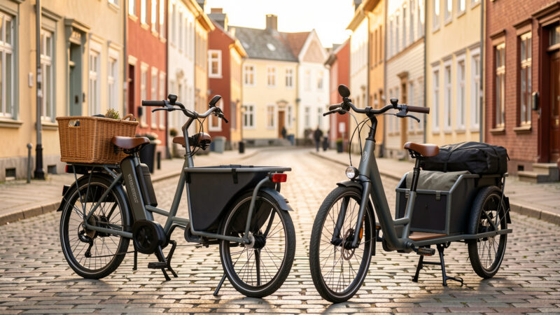 A front-loader bakfiets beside a longtail cargo e-bike