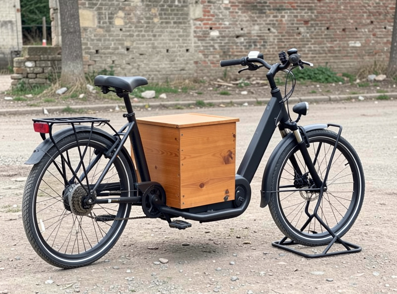 A front-loading bakfiets cargo e-bike with a low cargo box between the rider and front wheel