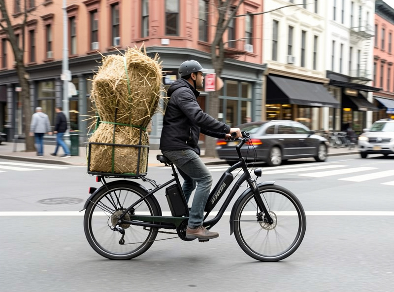 A longtail cargo e-bike carrying tall load behind the rider on a city street