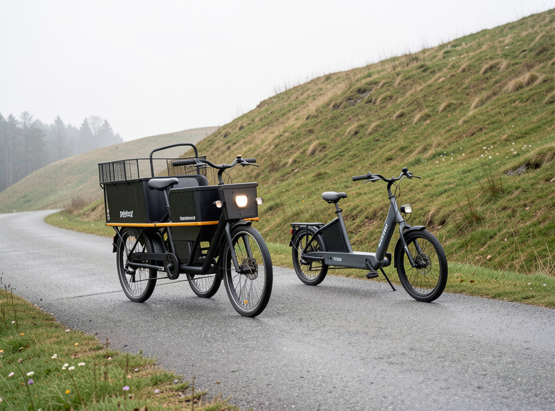 Side comparison of a front-load and a rear-load cargo e-bike on a gentle hill