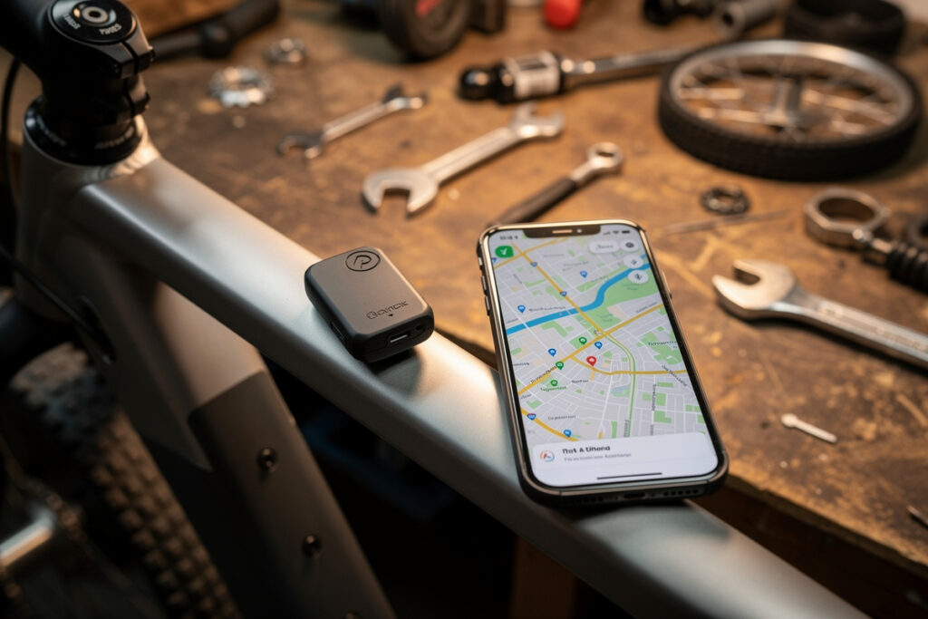 GPS tracker on an e-bike frame beside a phone showing a map