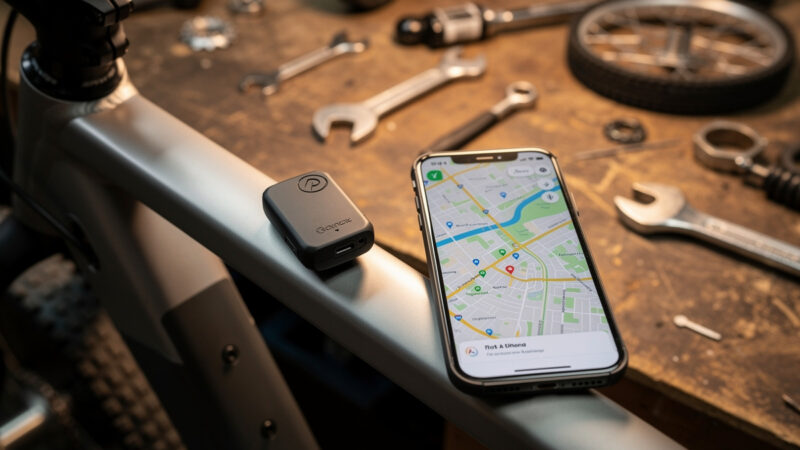 GPS tracker on an e-bike frame beside a phone showing a map