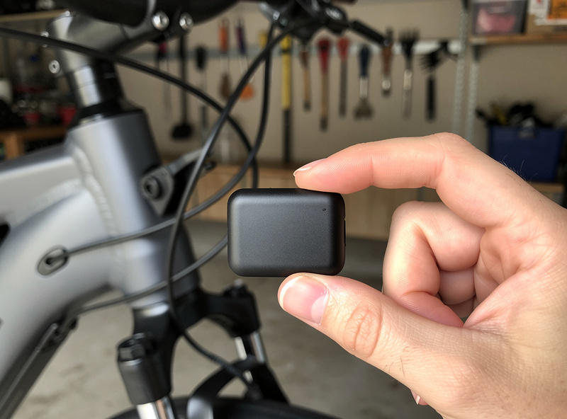 Small black GPS tracker device held next to an e-bike before being hidden inside the frame