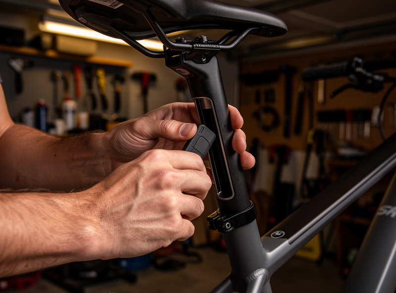GPS tracker being slid into an e-bike seatpost before the saddle is reinstalled