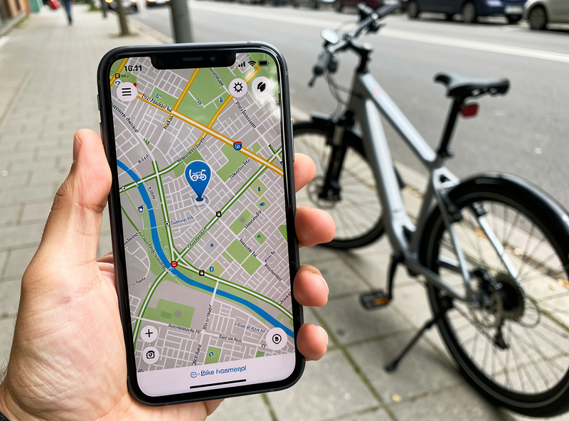 Phone screen showing an e-bike's live GPS location on a map next to the parked bike