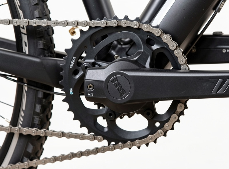 Mid-drive e-bike motor at the crankset with the chain on a low gear large rear cog