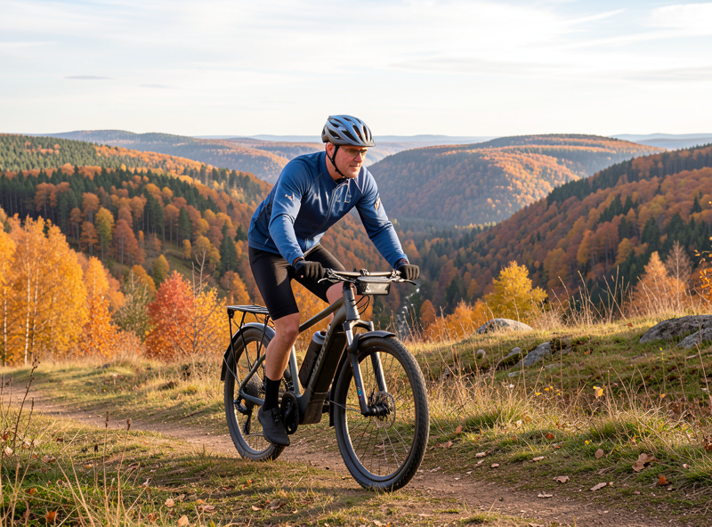 Cyclist on an electric bike cresting a hill with a Nordic valley view behind