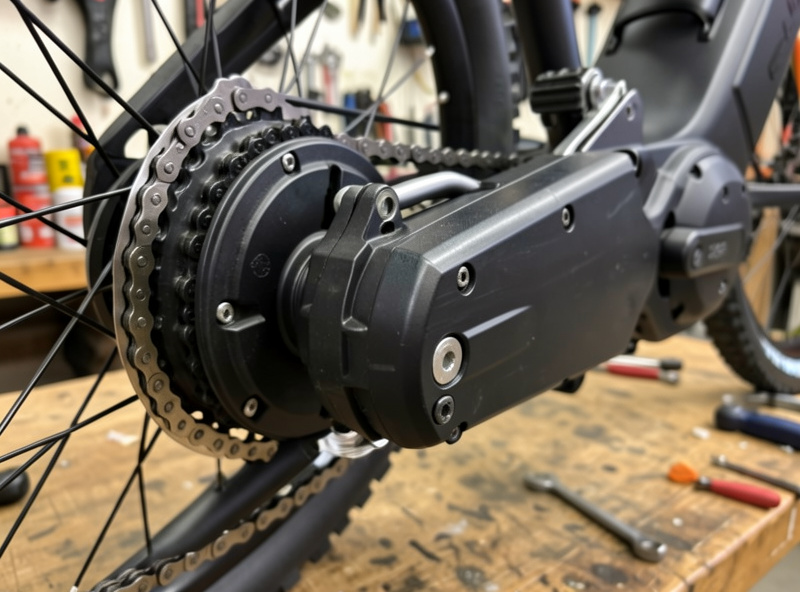 Rear hub motor wheel next to a mid-drive motor at the bottom bracket of an e-bike
