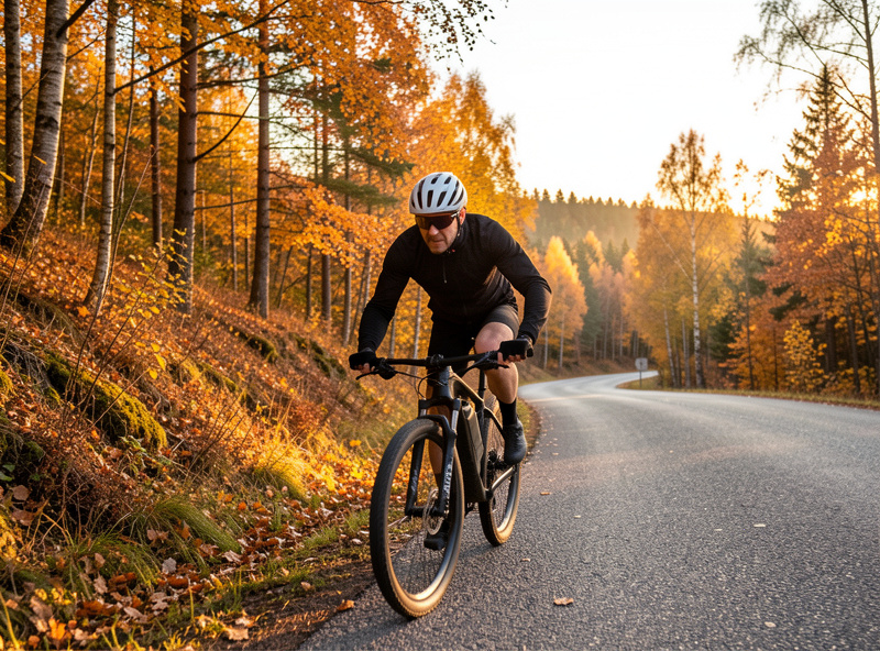 Rider on a mid-drive e-bike climbing a hill on a Nordic road in autumn light
