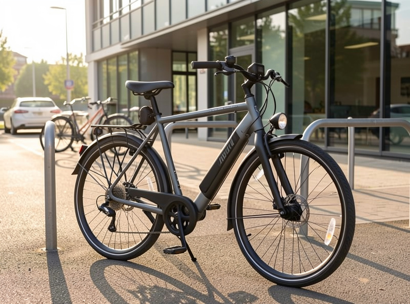 A hub-drive commuter electric bike parked at a bike rack outside an office