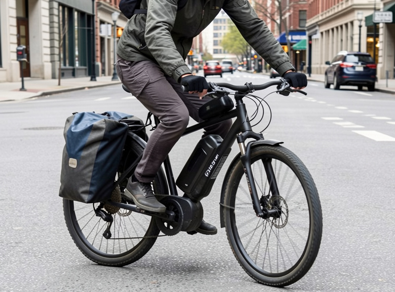 A mid-drive trekking electric bike loaded with panniers on a commute
