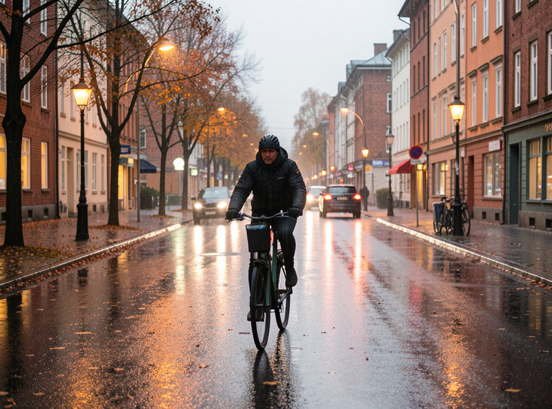 Electric bike commuter route on a wet autumn morning in a Nordic city