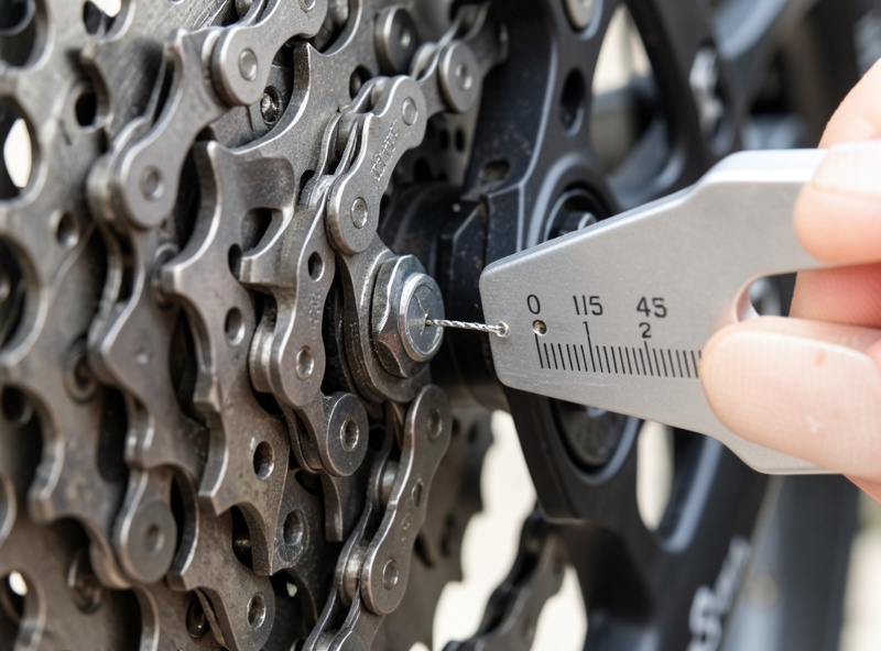 Bike chain wear indicator tool measuring chain stretch on an e-bike cassette