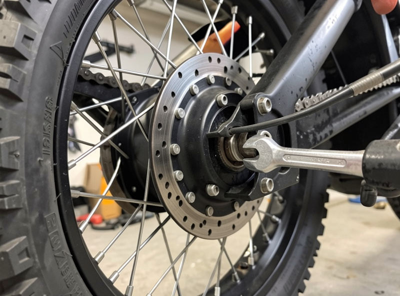 Heavy rear hub motor wheel with a spoke wrench checking spoke tension
