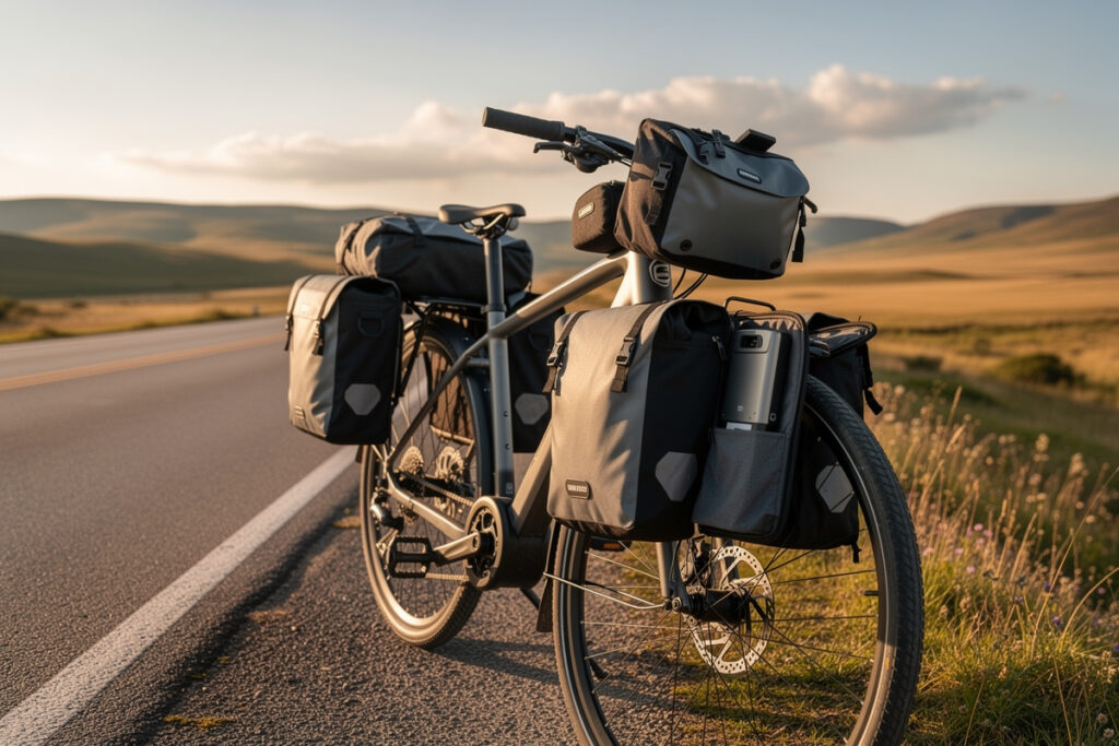 Touring e-bike loaded with panniers and a spare battery on an open road