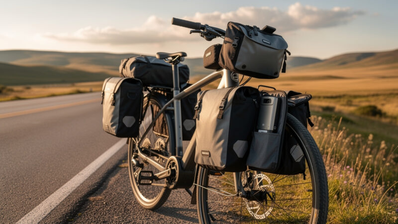 Touring e-bike loaded with panniers and a spare battery on an open road