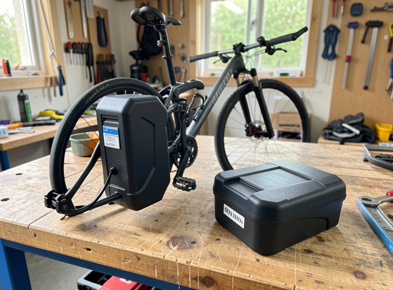 Two e-bike battery packs on a workbench, one mounted on the bike and one spare