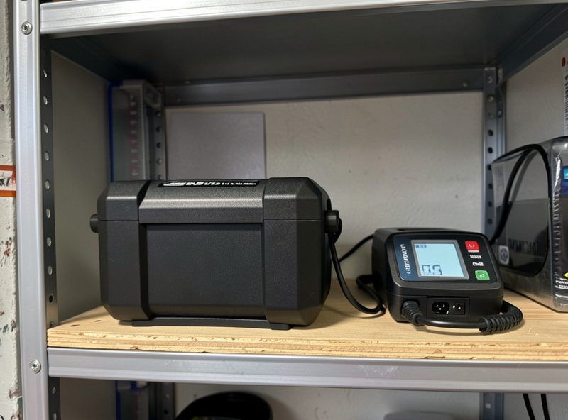 A spare e-bike battery and a matching charger stored on a garage shelf