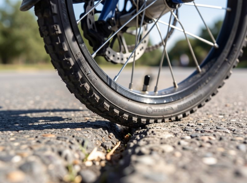 Small folding-bike wheel hitting a road seam with the tyre compressing
