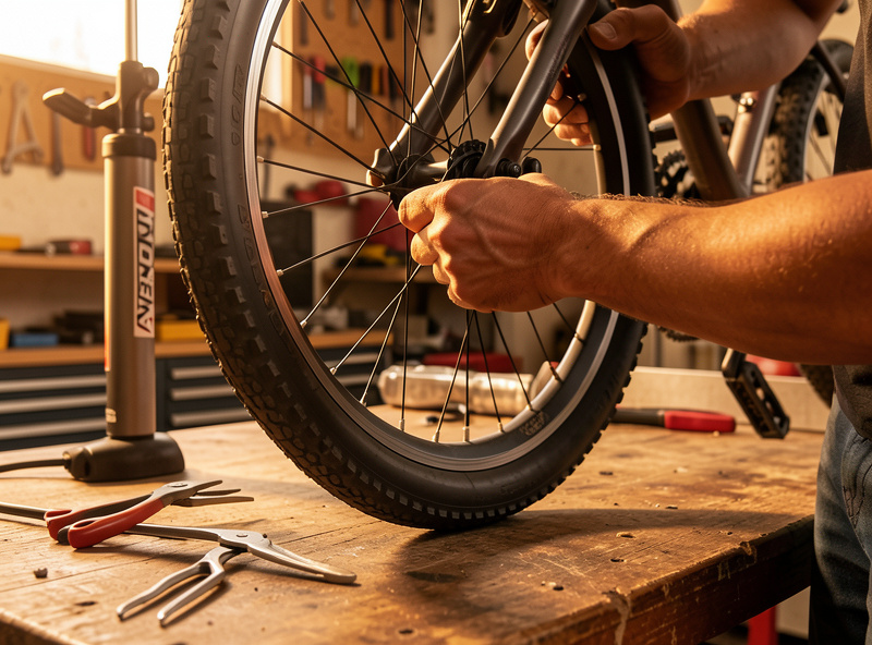 Hands fitting a wide 20-inch tyre to a folding bike wheel on a workbench