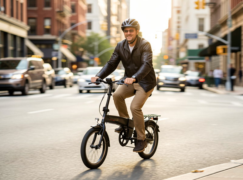 Rider relaxed and confident on a small-wheel folding e-bike at commuting speed