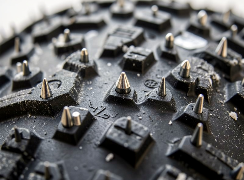 Close-up of carbide studs embedded in an e-bike winter tire tread