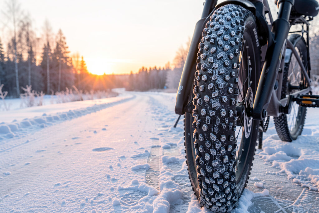 Studded winter e-bike tire on a frozen Nordic cycleway at dawn