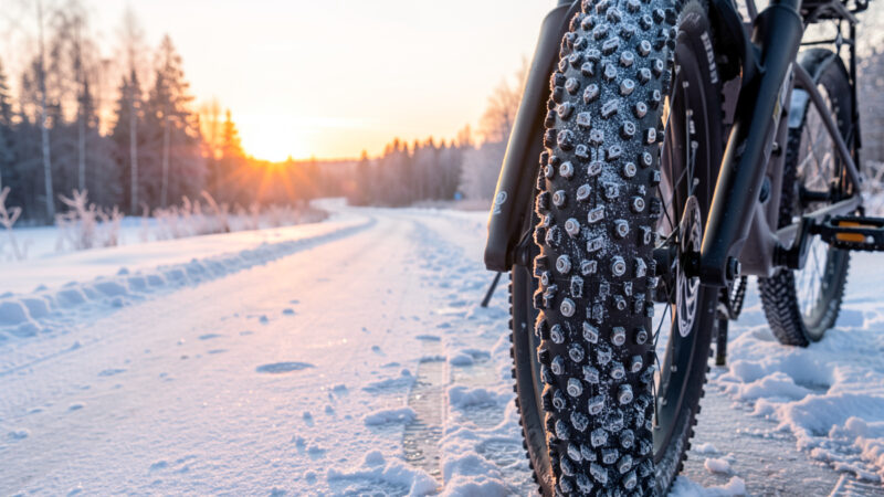 Studded winter e-bike tire on a frozen Nordic cycleway at dawn