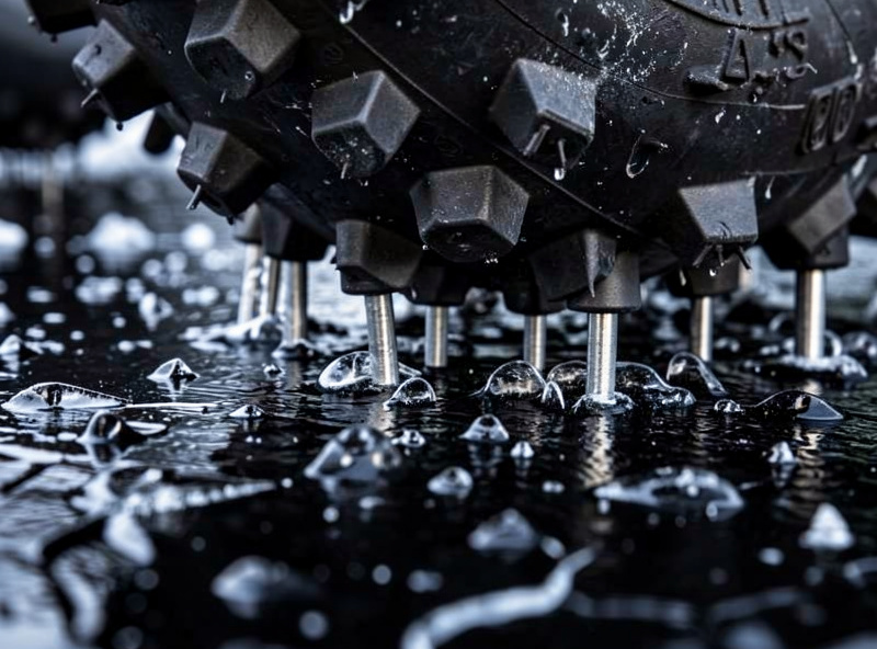 Close-up of carbide studs in an e-bike winter tire gripping a glazed black-ice surface