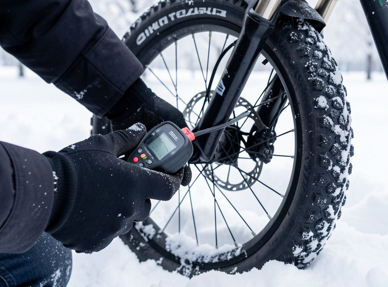 A gloved hand checking tire pressure on a studded e-bike winter tire with a gauge in cold conditions