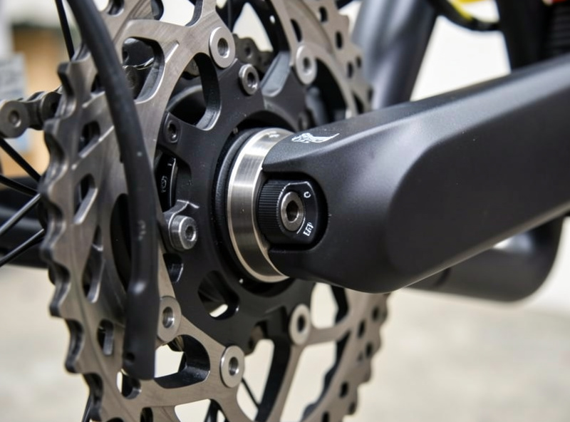 Close-up of an e-bike bottom bracket torque sensor at the crankset