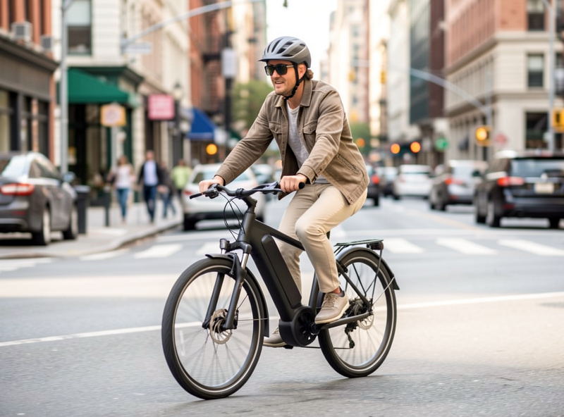 Rider smoothly pedaling an electric bike through a city street