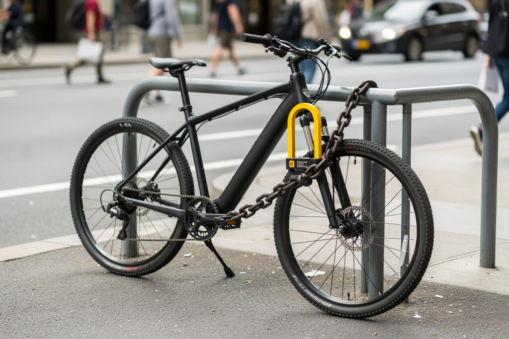 E-bike secured with two different locks on a city rack