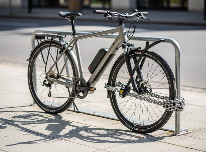 E-bike secured with two different locks, a U-lock on the rear and a chain on the front, attached to a steel rack