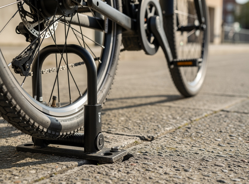 Close-up of a U-lock threaded through an e-bike rear wheel and frame to a ground anchor with a chain on the front wheel