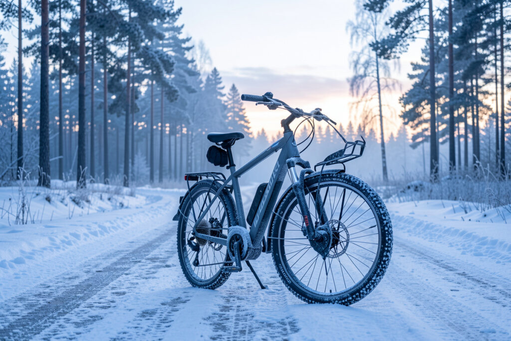 Winter e-bike commuter with studded tires on a snowy Nordic bike path at dawn