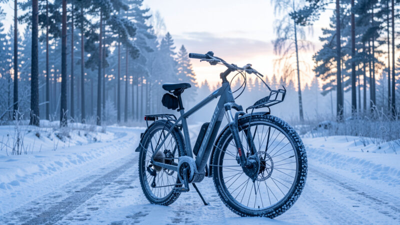 Winter e-bike commuter with studded tires on a snowy Nordic bike path at dawn